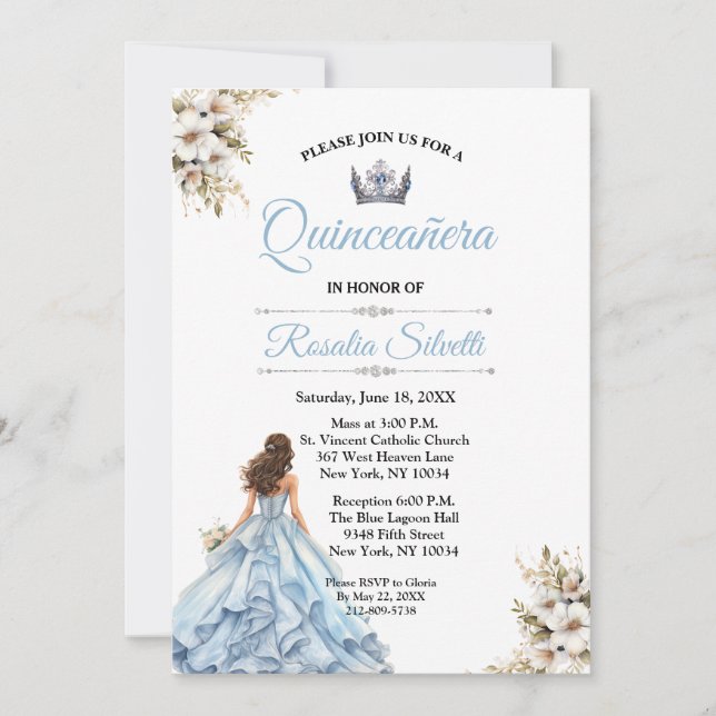 Invitación Elegante Quinceanera moderna azul y plateado (Anverso)