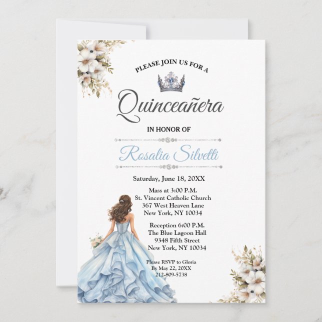 Invitación Elegante Quinceanera moderna azul y plateado (Anverso)