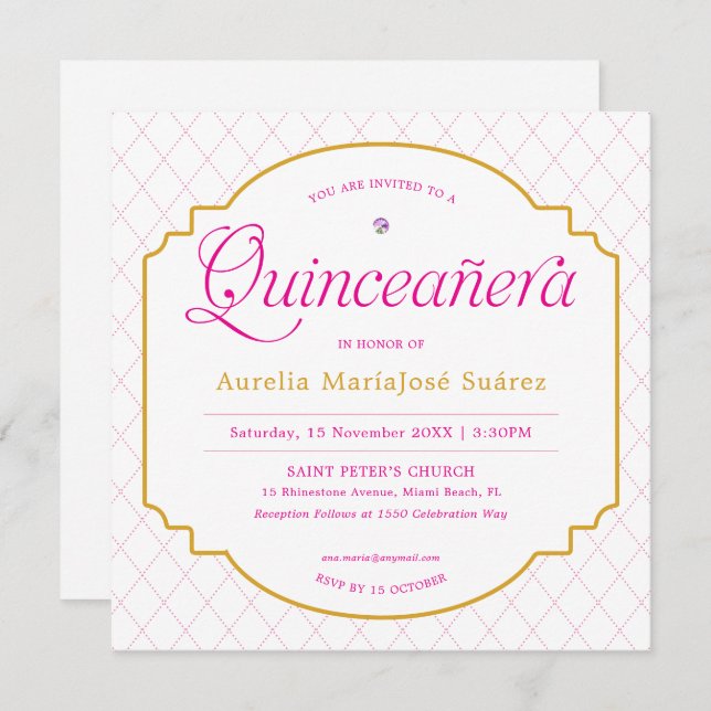 Invitación Elegante Quinceañera Moderno Rosa Dorado (Anverso / Reverso)