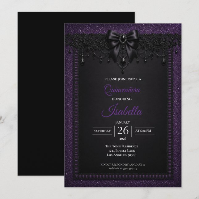 Invitación Elegante Quinceañera Morado Negro (Anverso / Reverso)