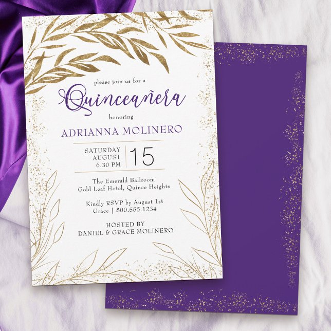 Invitación Elegante Quinceanera Morado y Hojas de Oro (Modern Quinceanera invitation in white, purple and gold from my Gold Leaf Collection)