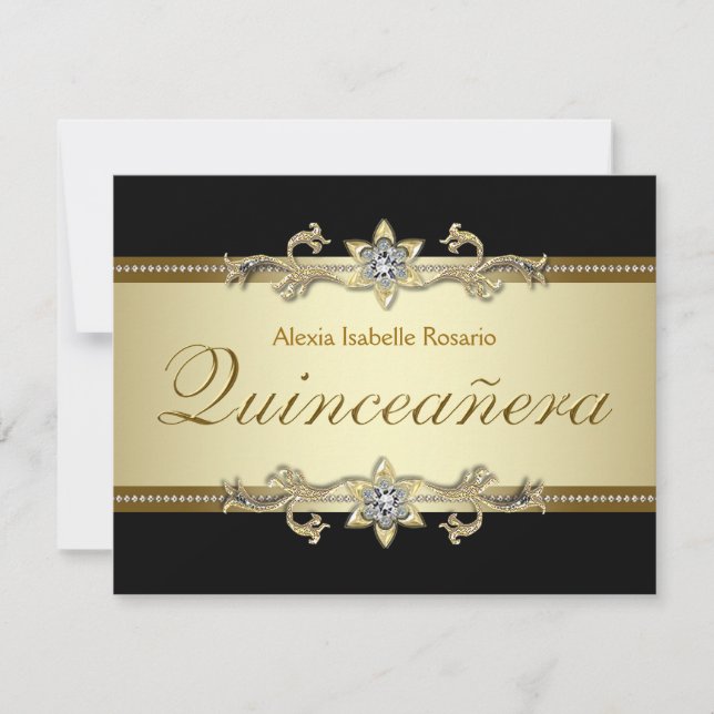 Invitación Elegante Quinceanera Negra y Oro (Anverso)