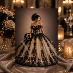 Invitación Elegante Quinceañera Negro Champagne Dorado