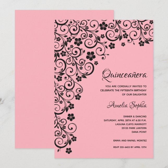 Invitación Elegante Quinceañera Negro y Rosa (Anverso / Reverso)
