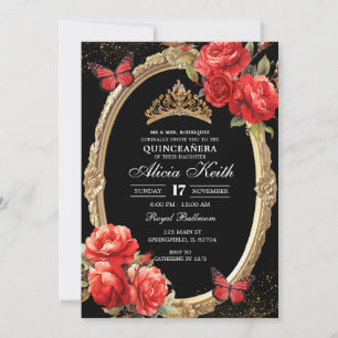 Invitación Elegante Quinceañera Negro y Rosas Rojas Doradas