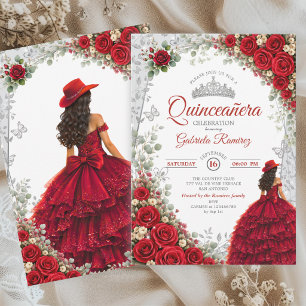 Invitación Elegante Quinceañera Occidental de Rojo y Plata