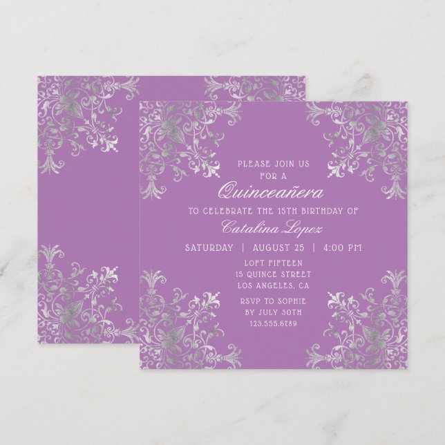 Invitación Elegante Quinceañera Ornate de Plata Púrpura (Anverso / Reverso)
