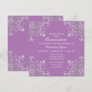 Invitación Elegante Quinceañera Ornate de Plata Púrpura