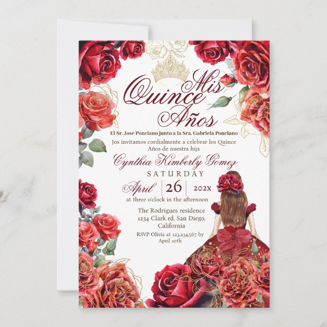 Invitación Elegante Quinceanera - Oro Rosa Rojo (Anverso)