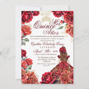 Invitación Elegante Quinceanera - Oro Rosa Rojo