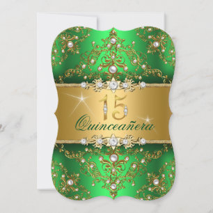 Invitación Elegante Quinceañera Perla Damask Verde