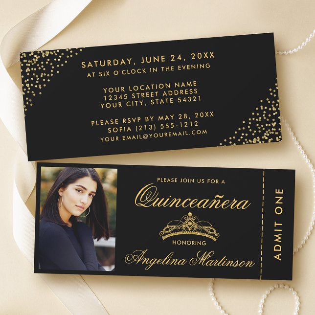 Invitación Elegante Quinceanera Photo Gold y Black Ticket (Customize to change text style or text size.)