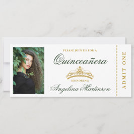 Invitación Elegante Quinceanera Photo Green and Gold Ticket