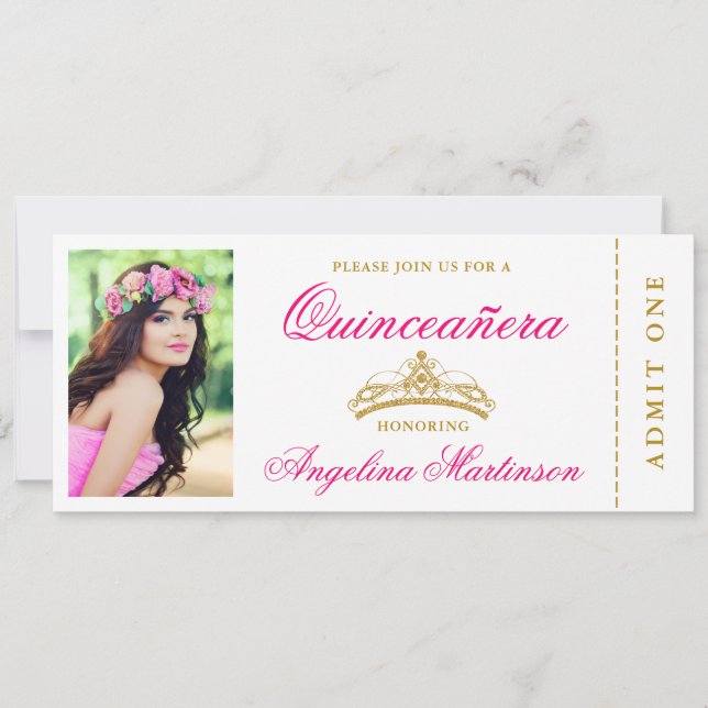 Invitación Elegante Quinceanera Photo Hot Pink and Gold Ticke (Anverso)