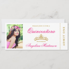 Invitación Elegante Quinceanera Photo Hot Pink and Gold Ticke