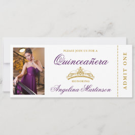 Invitación Elegante Quinceanera Photo Purple and Gold Ticket