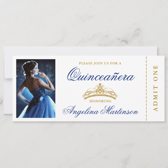 Invitación Elegante Quinceanera Photo Royal Blue Gold Ticket (Anverso)