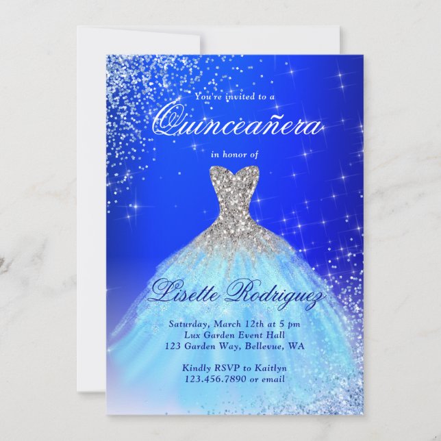 Invitación Elegante Quinceanera Plata Y Azul (Anverso)