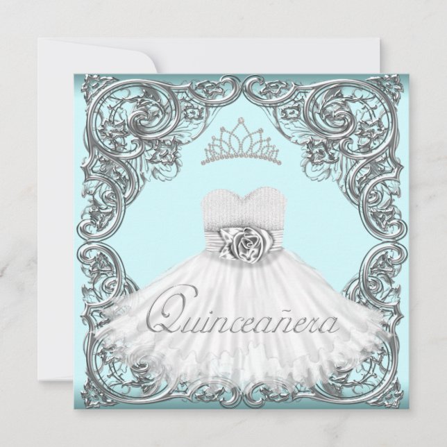 Invitación Elegante Quinceanera Plata y Azul Verde azulado (Anverso)