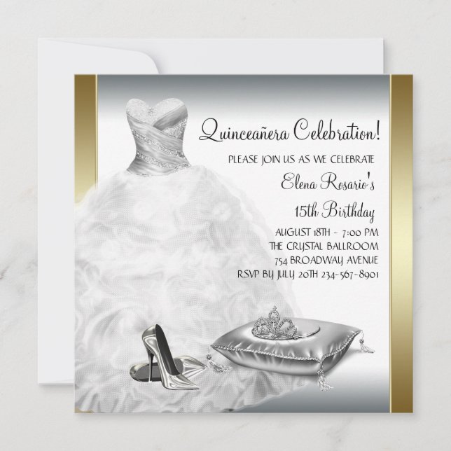 Invitación Elegante Quinceañera Princesa de Blanco y Oro (Anverso)