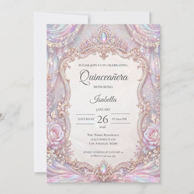 Invitación Elegante Quinceañera Princesa Iridescente (Anverso)