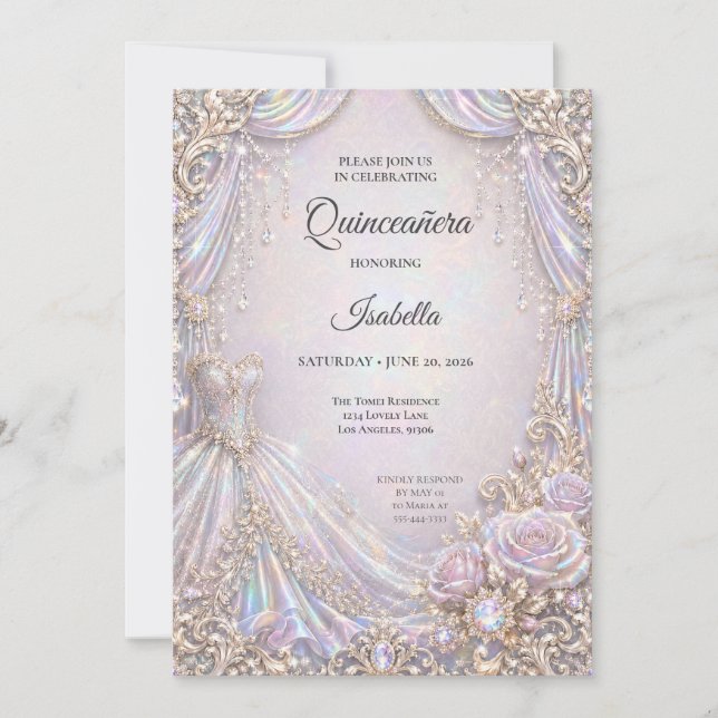 Invitación Elegante Quinceañera Princesa Iridescente (Anverso)