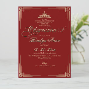 Invitación Elegante Quinceañera Princesa Rojo y Dorado