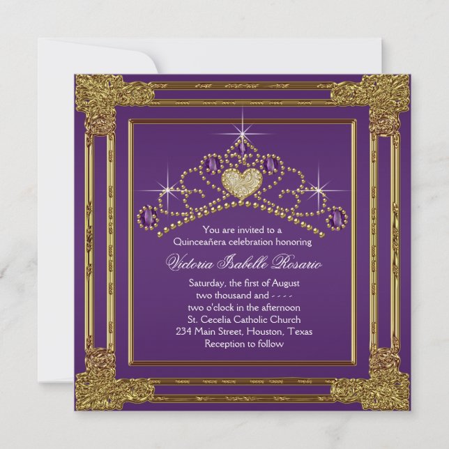 Invitación Elegante Quinceanera Purple y Oro (Anverso)