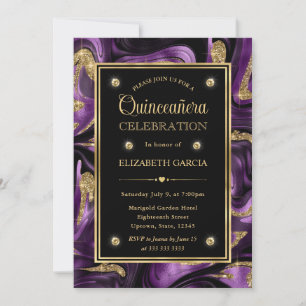 Invitación Elegante Quinceañera Purpura Fundida y Dorado Bril