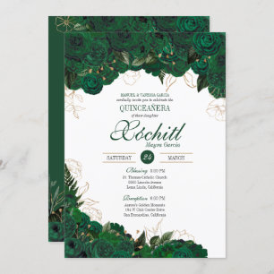 Invitación Elegante Quinceanera Rosa de oro verde esmeralda f