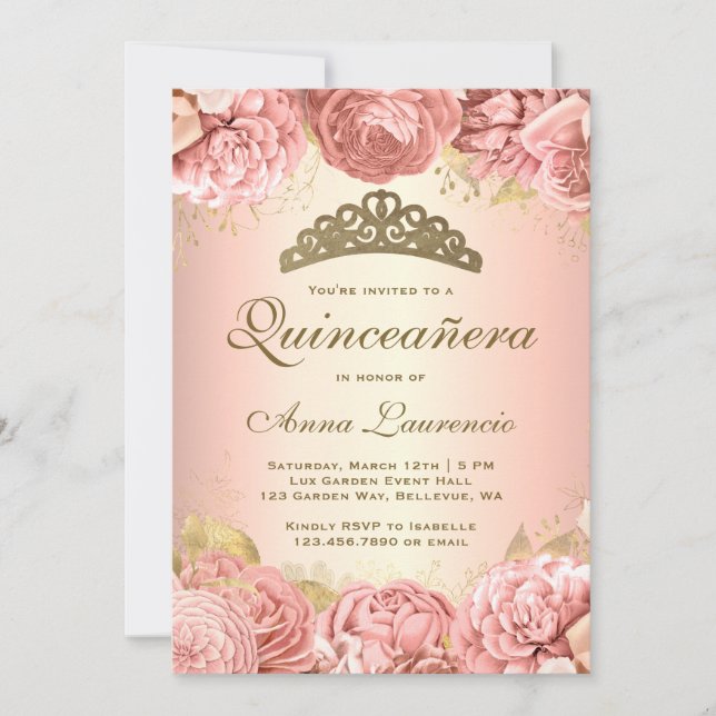 Invitación Elegante Quinceañera Rosa Floral (Anverso)