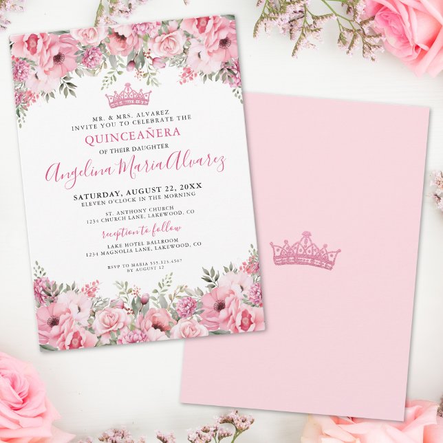 Invitación Elegante Quinceanera Rosa Floral (Elegant Floral Pink Quinceanera Invitation)