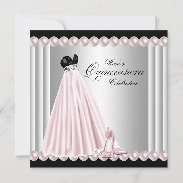 Invitación Elegante Quinceanera Rosa Plata Perla (Anverso)
