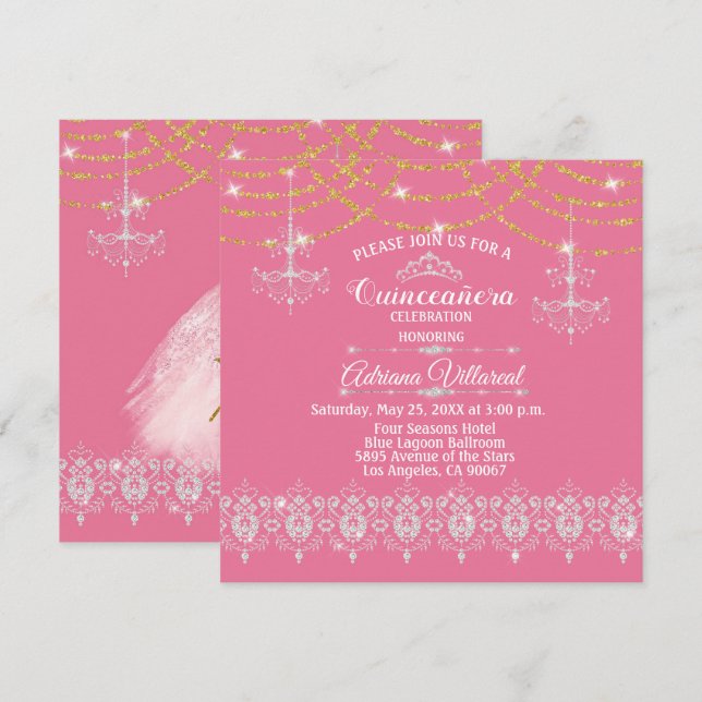 Invitación Elegante quinceañera rosa y dorada (Anverso / Reverso)