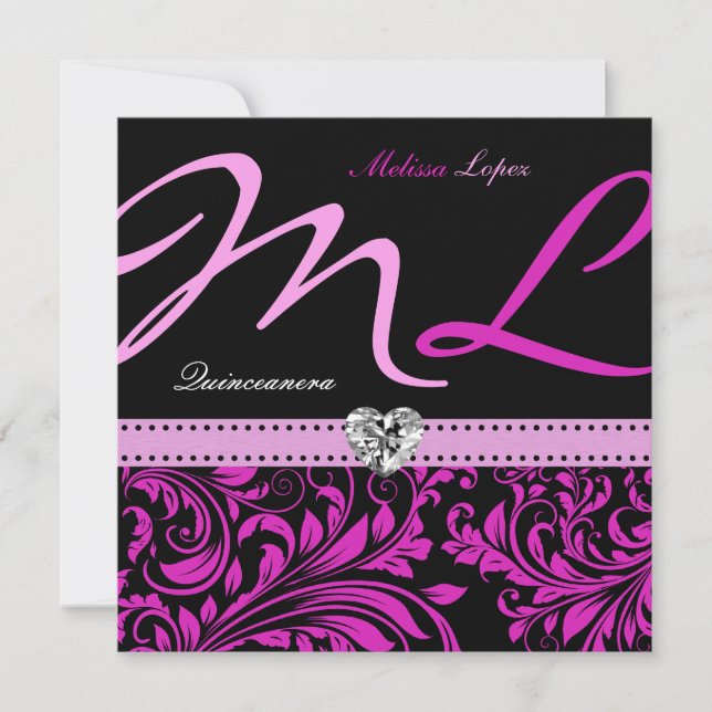 Invitación Elegante quinceañera rosa y negra (Anverso)