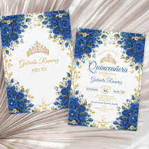 Elegante Quinceañera Rosas Azul Real Doradas