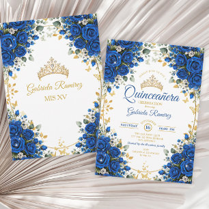 Invitación Elegante Quinceañera Rosas Azul Real Doradas