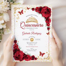 Invitación Elegante Quinceanera Roses Rojas Blanco Oro