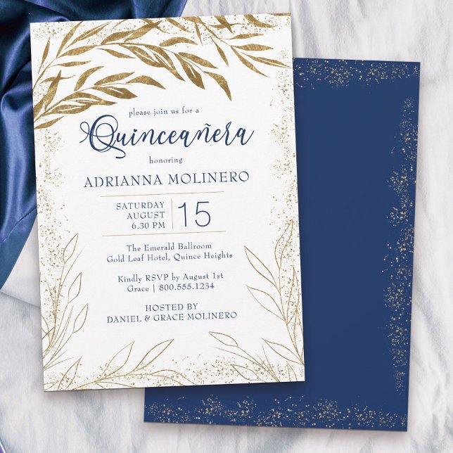 Invitación Elegante Quinceanera Royal Blue and Gold Leaves (Modern Quinceanera invitation in white, blue and gold from my Gold Leaf Collection)