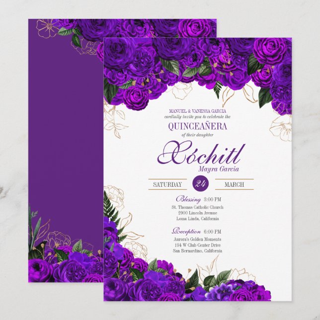 Invitación Elegante Quinceanera Royal Purple Gold Rosa Floral (Anverso / Reverso)