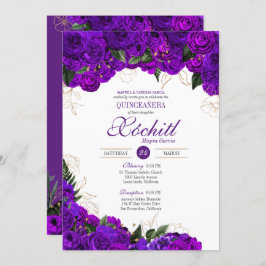 Invitación Elegante Quinceanera Royal Purple Gold Rosa Floral
