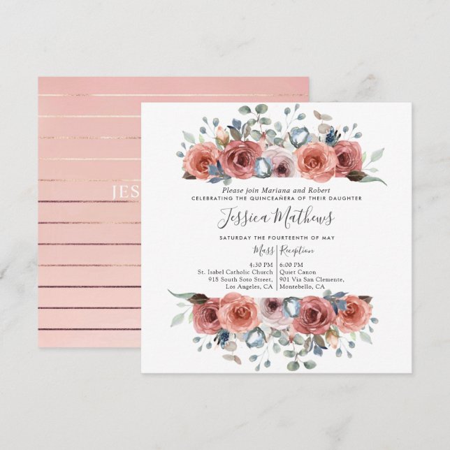 Invitación Elegante Quinceanera, Rubor y Dusty Floral Azul (Anverso / Reverso)
