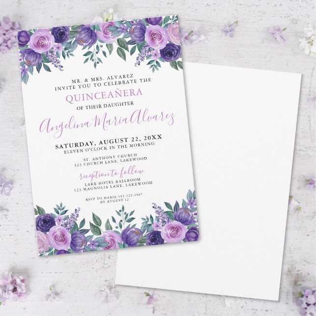 Invitación Elegante Quinceanera simple púrpura (Elegant Simple Purple Quinceanera Invitation)