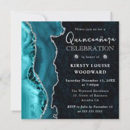 Invitación Elegante Quinceañera Turquesa con Brillo Plateado 