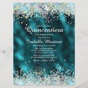 Invitación Elegante Quinceañera Verde Azul Plateado