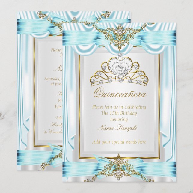 Invitación Elegante Quinceanera Verde azulado Blue Gold Silve (Anverso / Reverso)