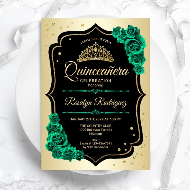 Invitación Elegante Quinceanera verde esmeralda negro de oro (Subido por el creador)