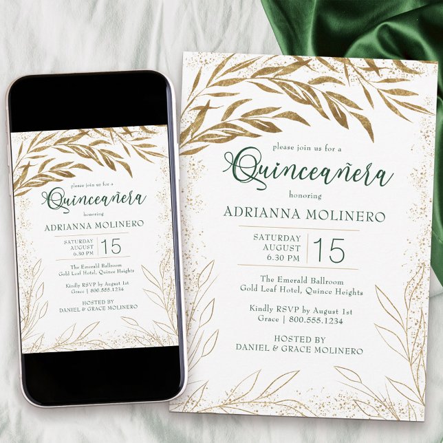 Invitación Elegante Quinceanera verde esmeralda y hojas de or (decorated on both sides and available professionally printed or as a printable download)