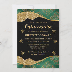 Invitación Elegante Quinceañera Verde y Dorado con Copo de Ni