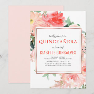Invitación Elegante QuINCEAÑERA Watercolor Peach Coral Floral